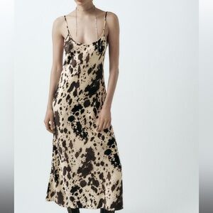 NWT ZARA SATIN EFFECT COW PRINT MIDI DRESS M